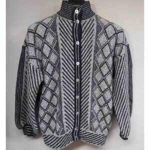 Womens Cardigan Sweater Shetland Wool Balloon Sleeve Medium Gray Mixed Print